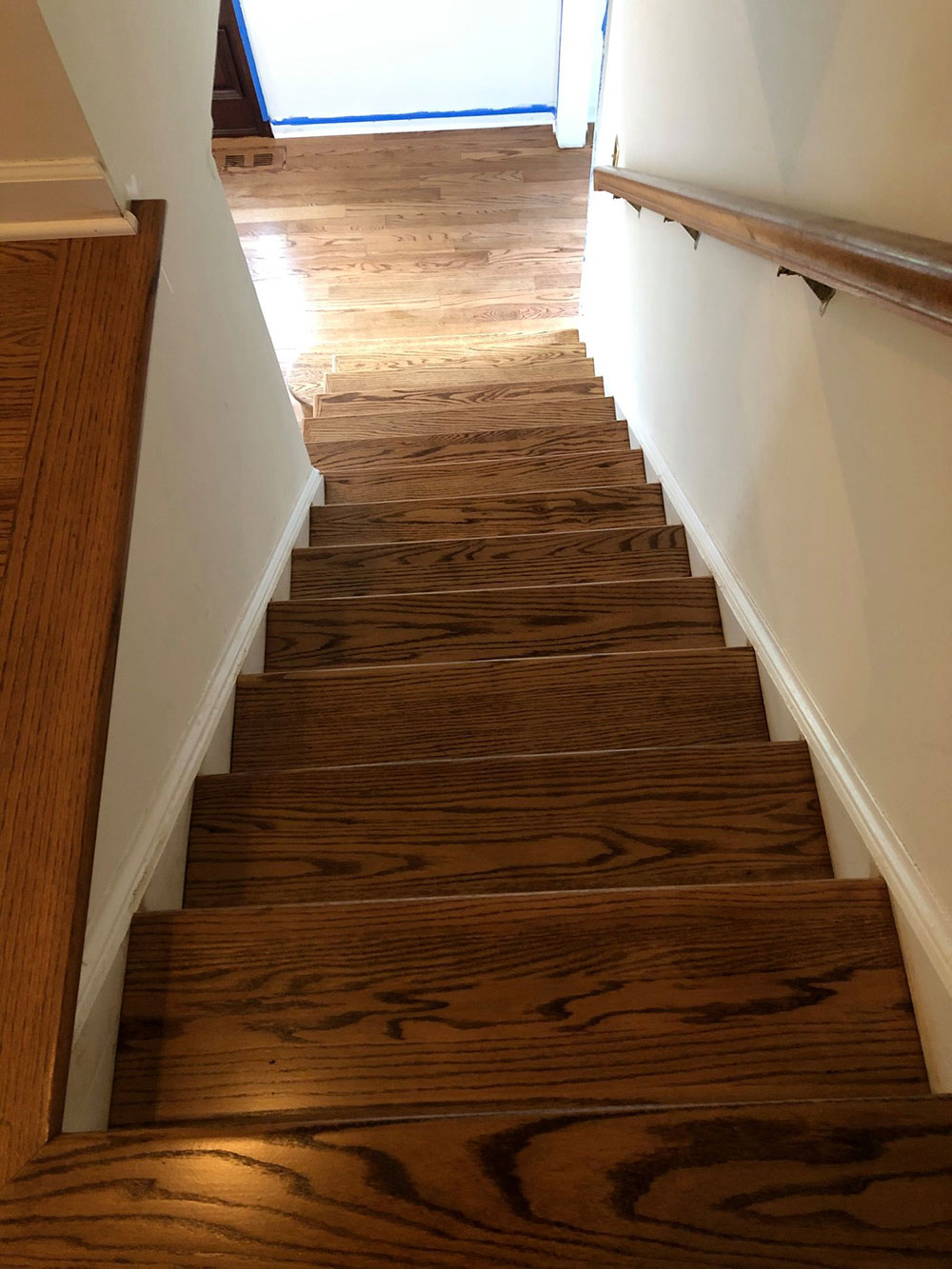 Custom Sanded and Finished Red Oak Hardwood Floor Early American Stain stairs