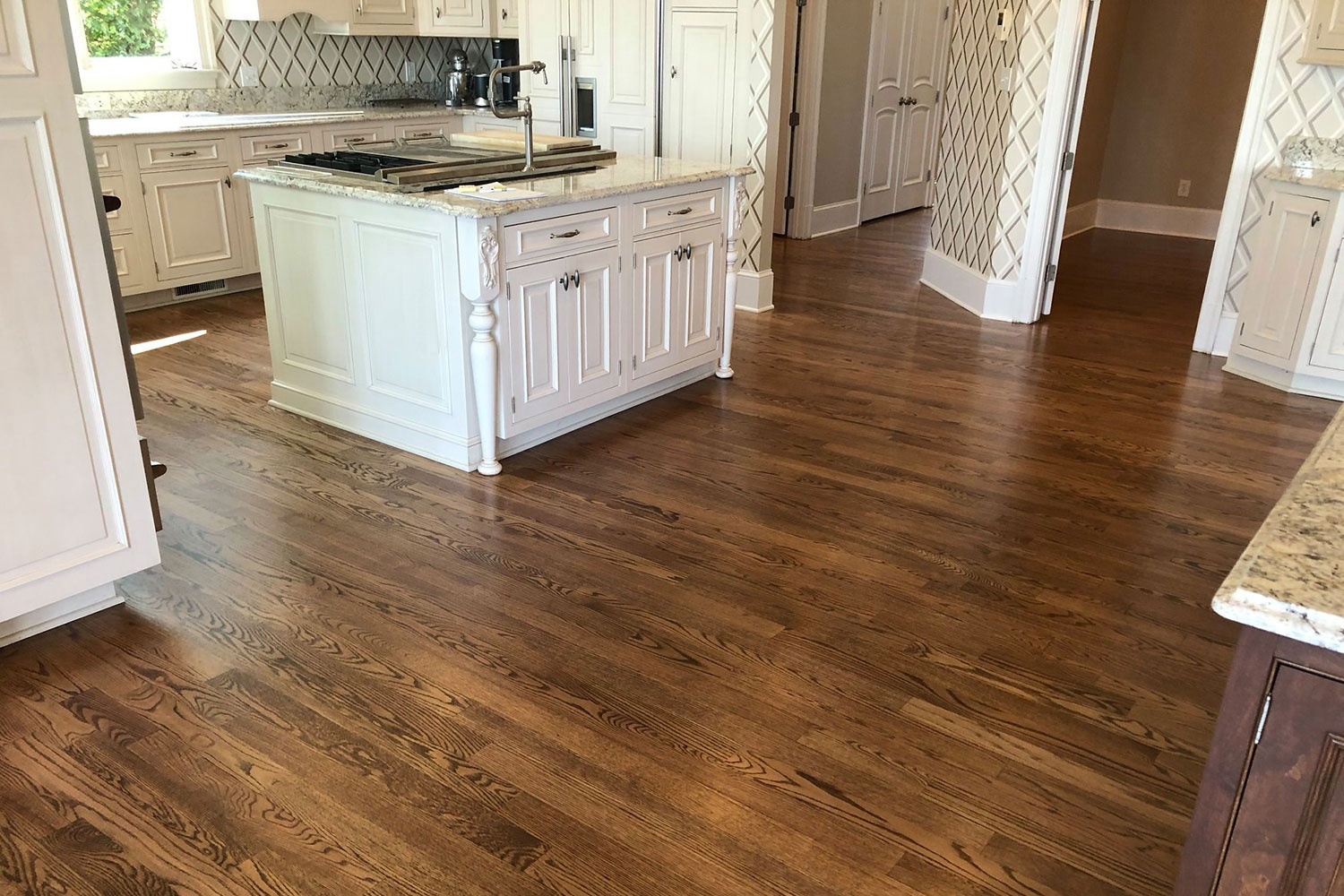 Custom Sanded Red Oak Hardwood Flooring in Kitchen With Walnut Stain