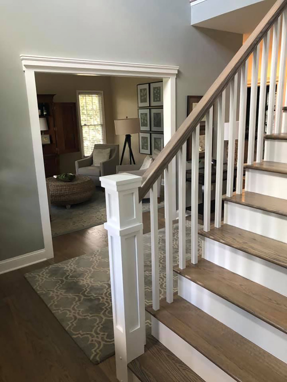 Red Oak Hardwood Floor, Classic Gray Stained Custom Stair Overlays